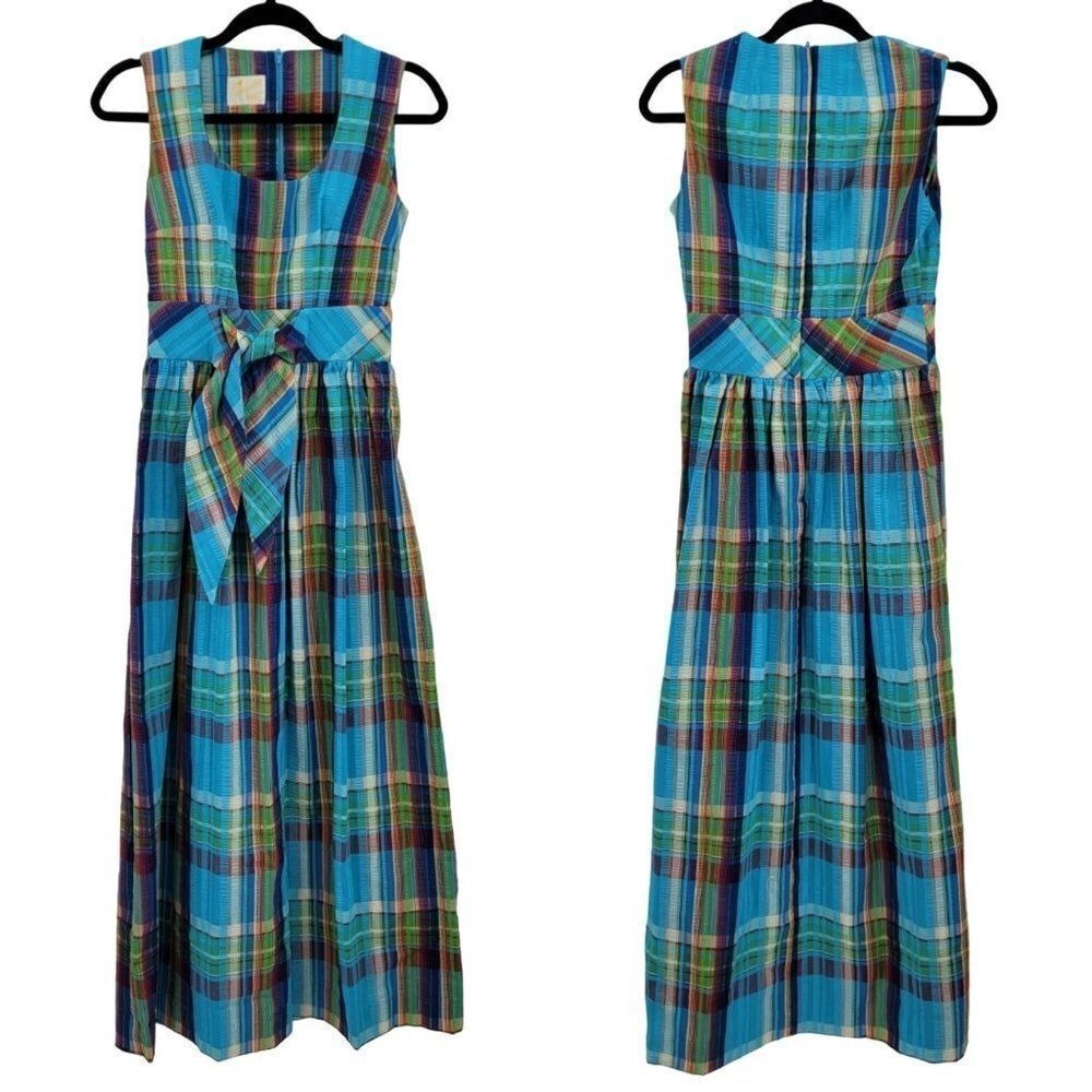 Vtg 70s Cottage Dopamine Rainbow Plaid Tie Waist Maxi Dress Sz M Textured Cotton - Picture 11 of 11